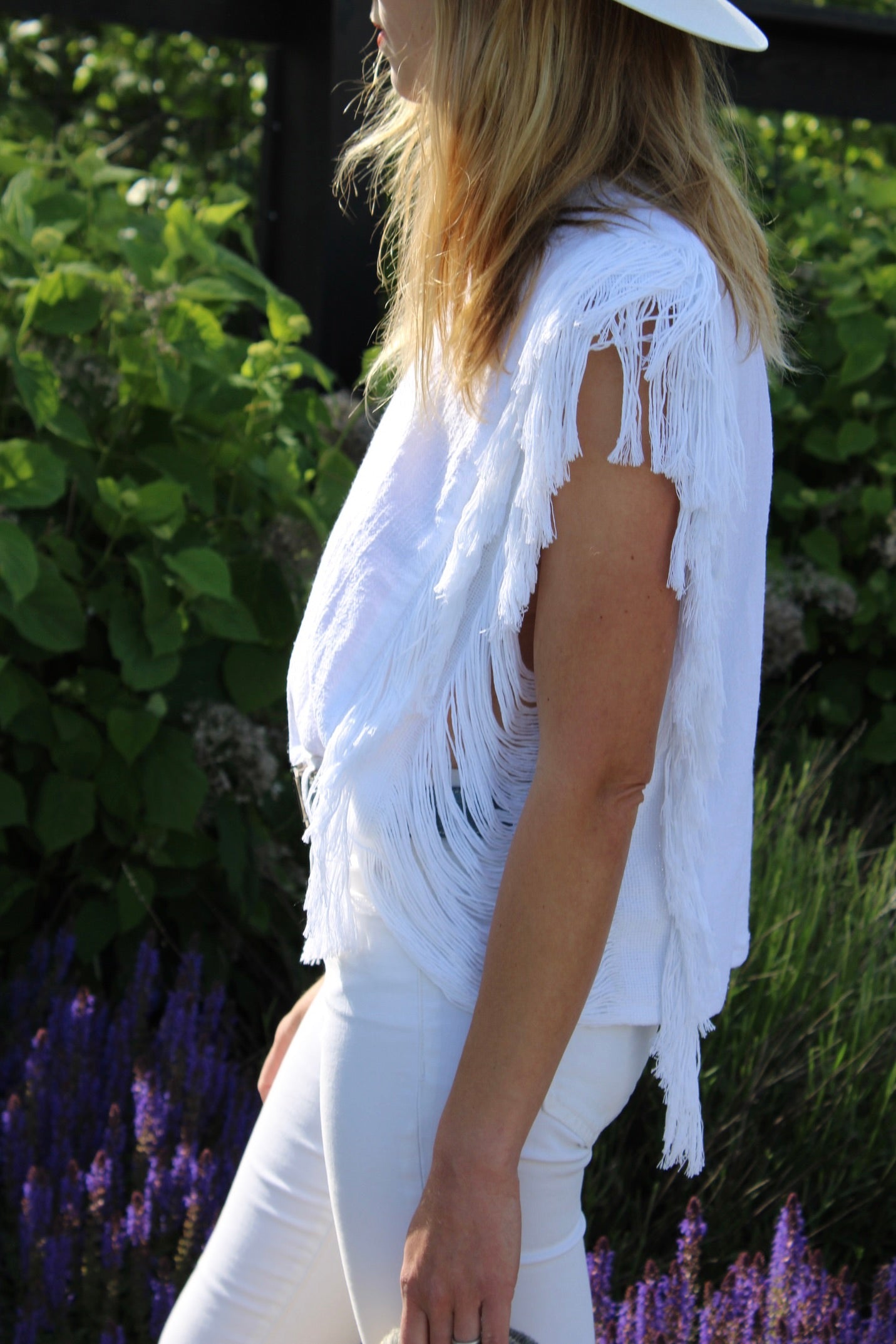 Fringe Sleeve Cotton Top - White