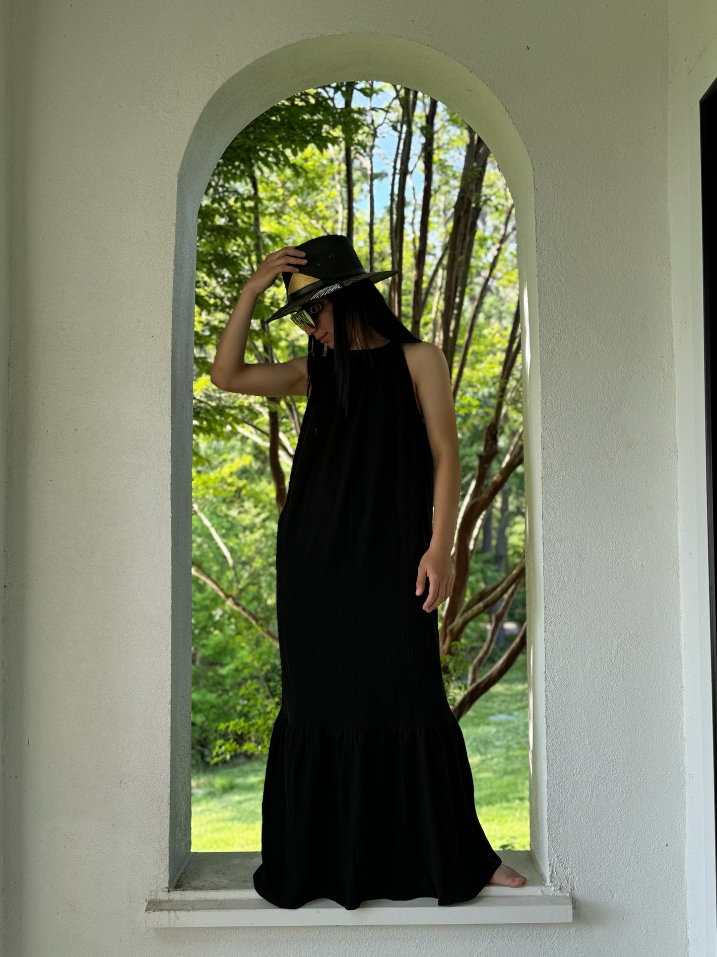 Long Dress with Wood Beads - Black