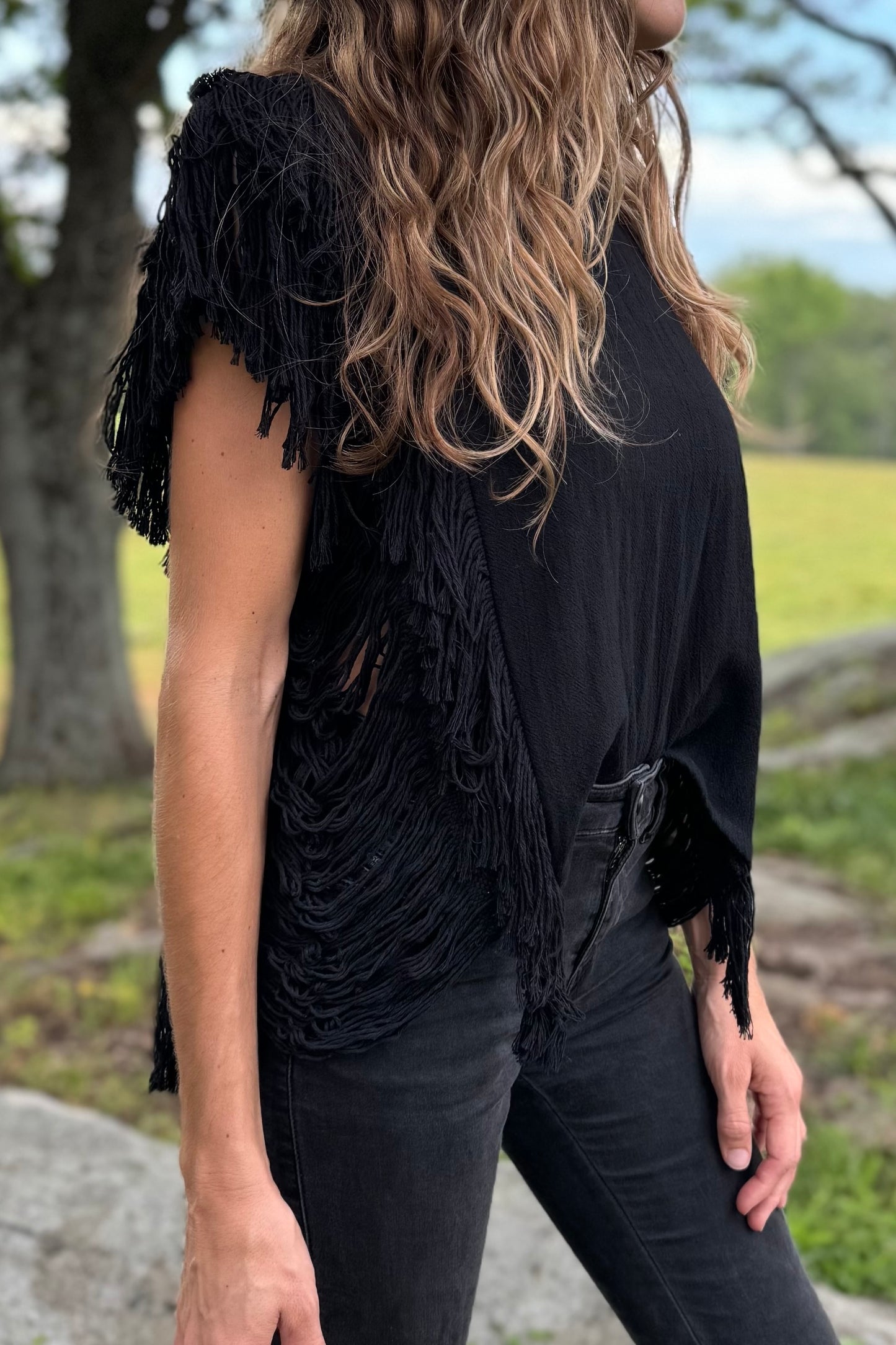 Fringe Sleeve Cotton Top - Black