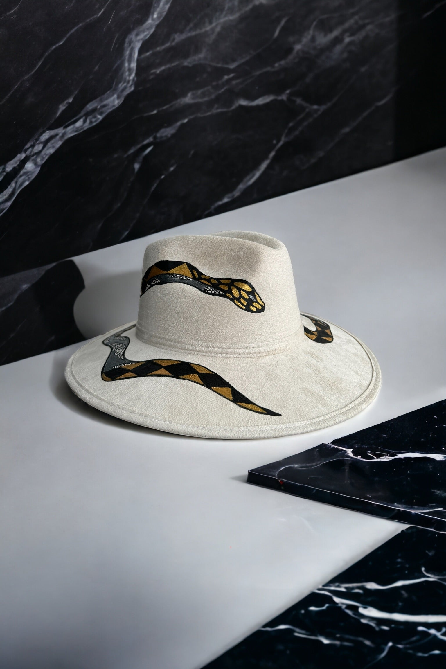 Gilded Serpent White Painted Vegan Suede Hat