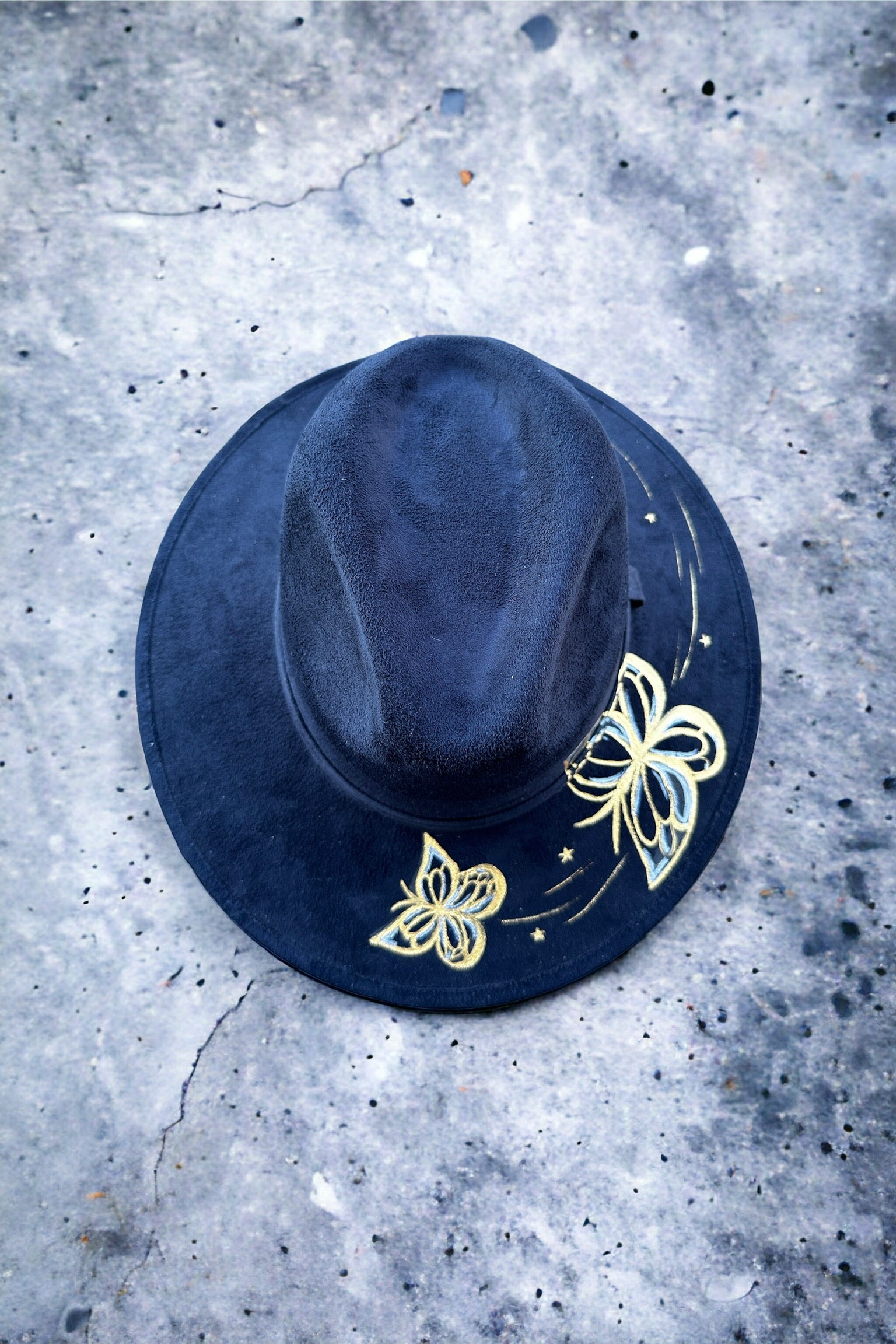 Golden Flutter Painted Black Vegan Suede Hat