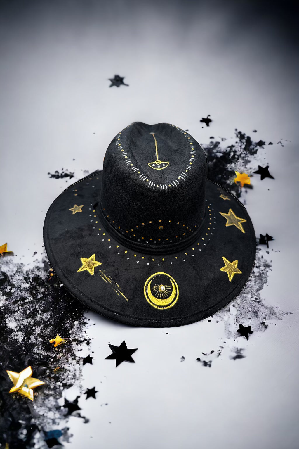 Golden Cosmos Painted Black Suede Hat