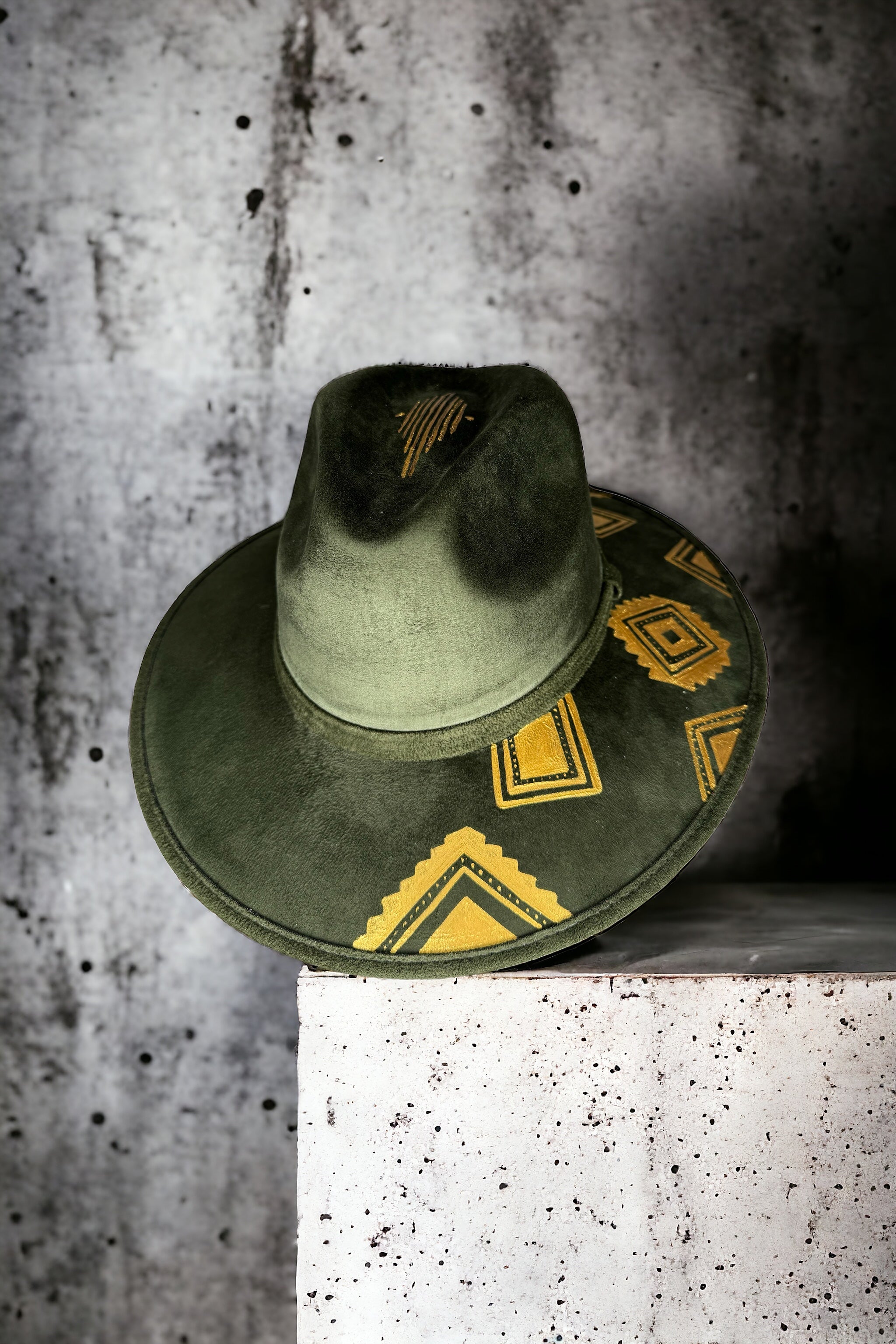 Beautiful store green hand painted suede hat.