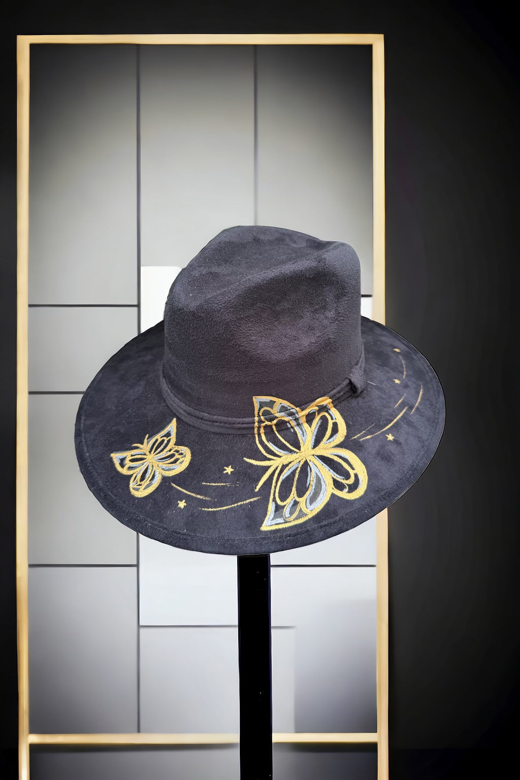 Golden Flutter Painted Black Vegan Suede Hat