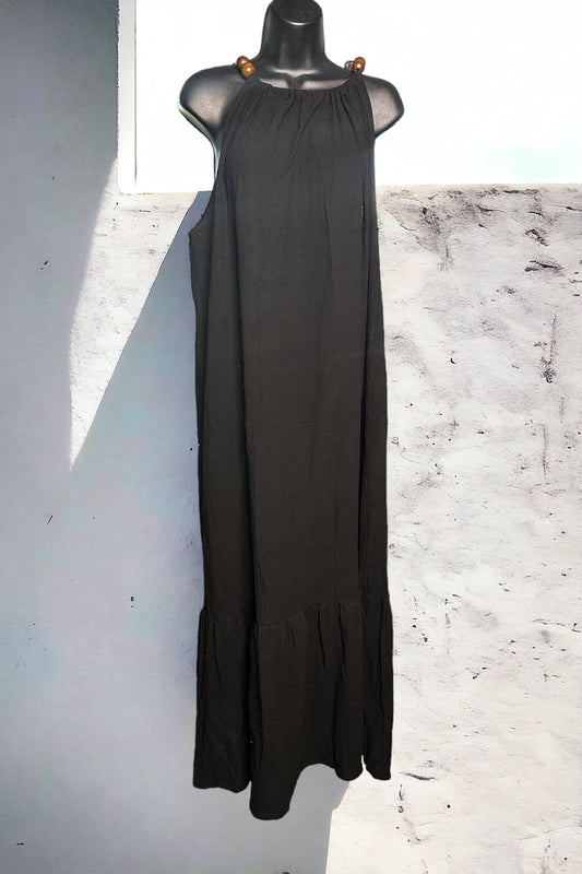 Long Dress with Wood Beads - Black