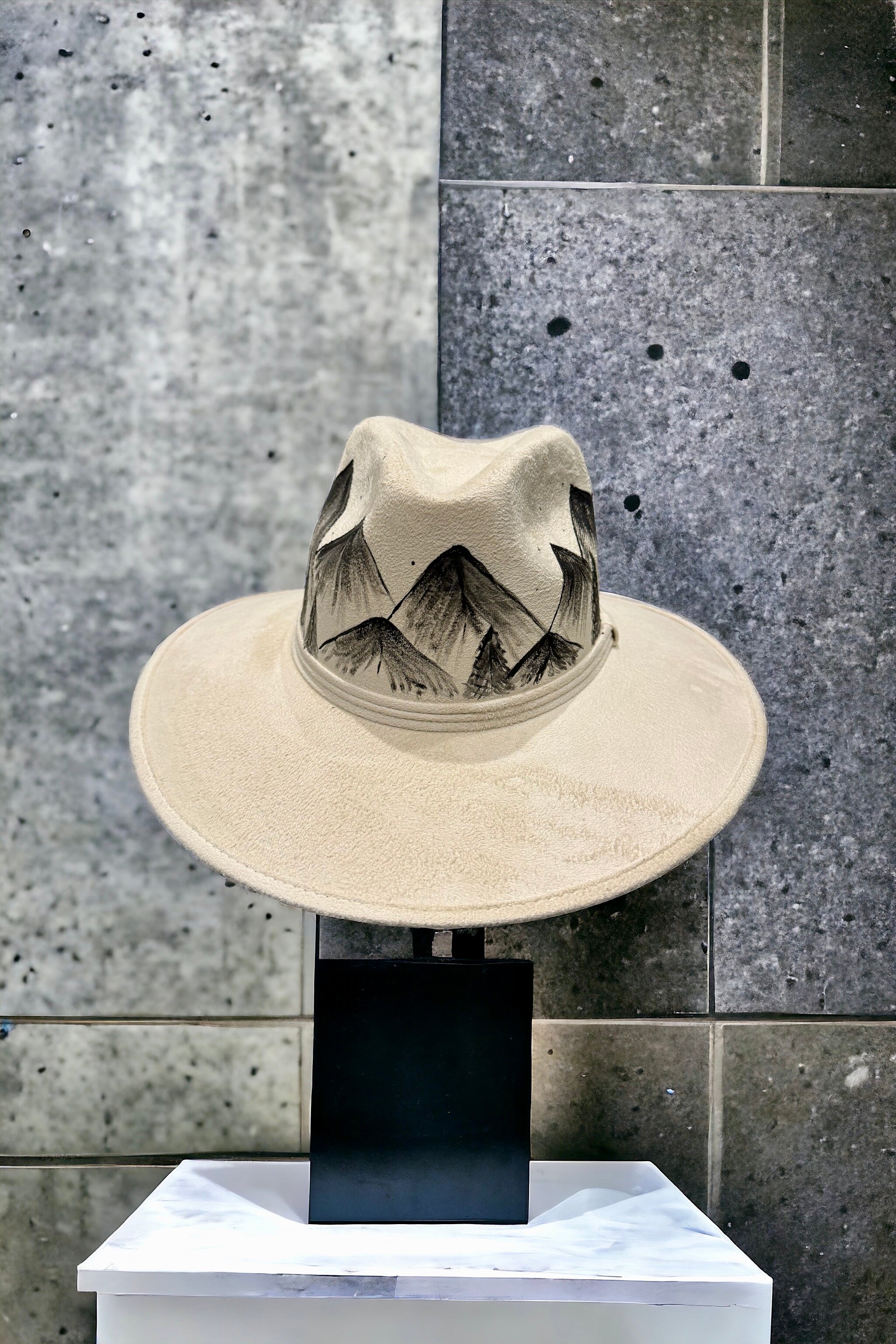 Mountain Sketch Painted Vegan Suede Hat