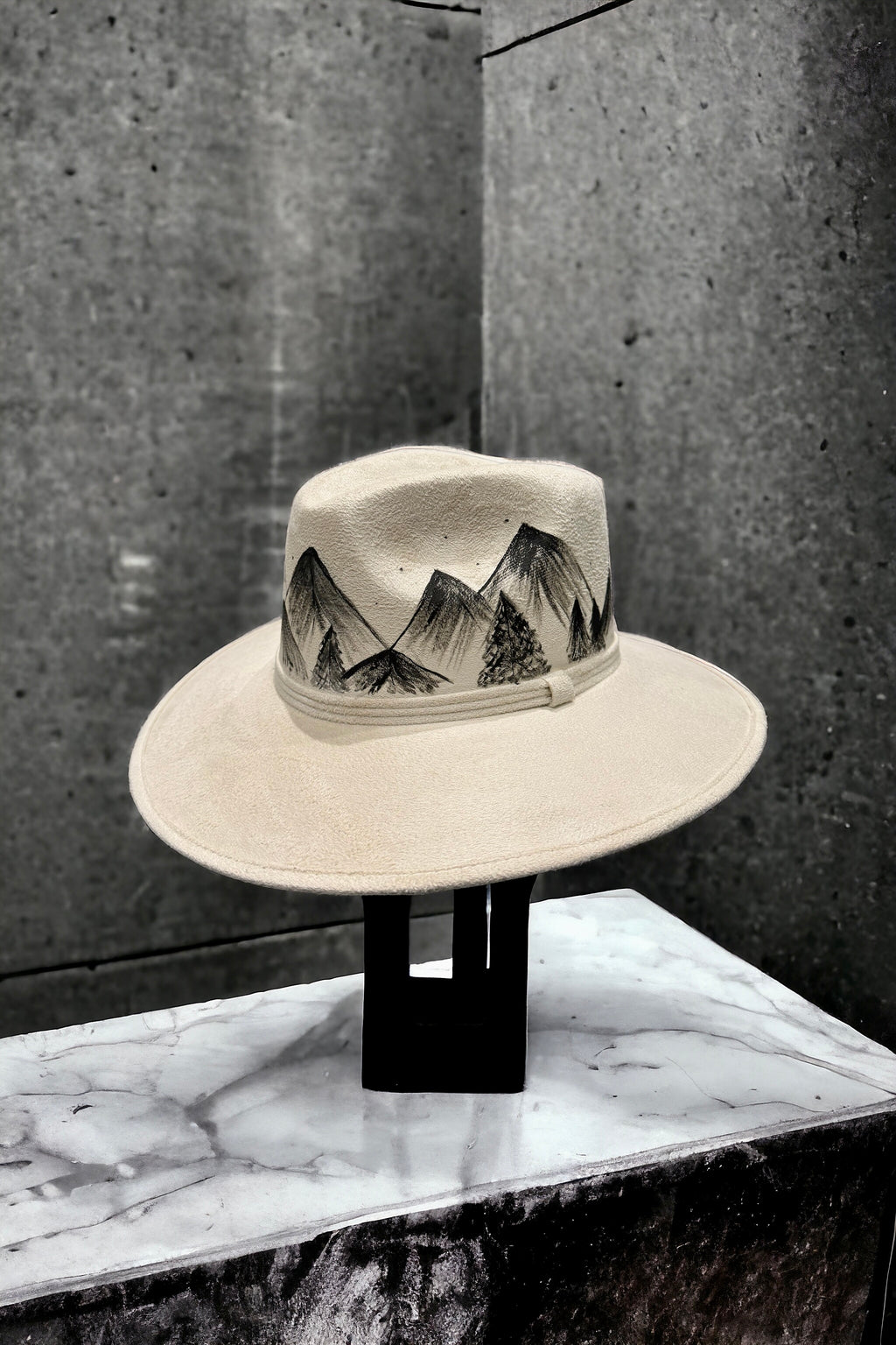 Mountain Sketch Painted Vegan Suede Hat
