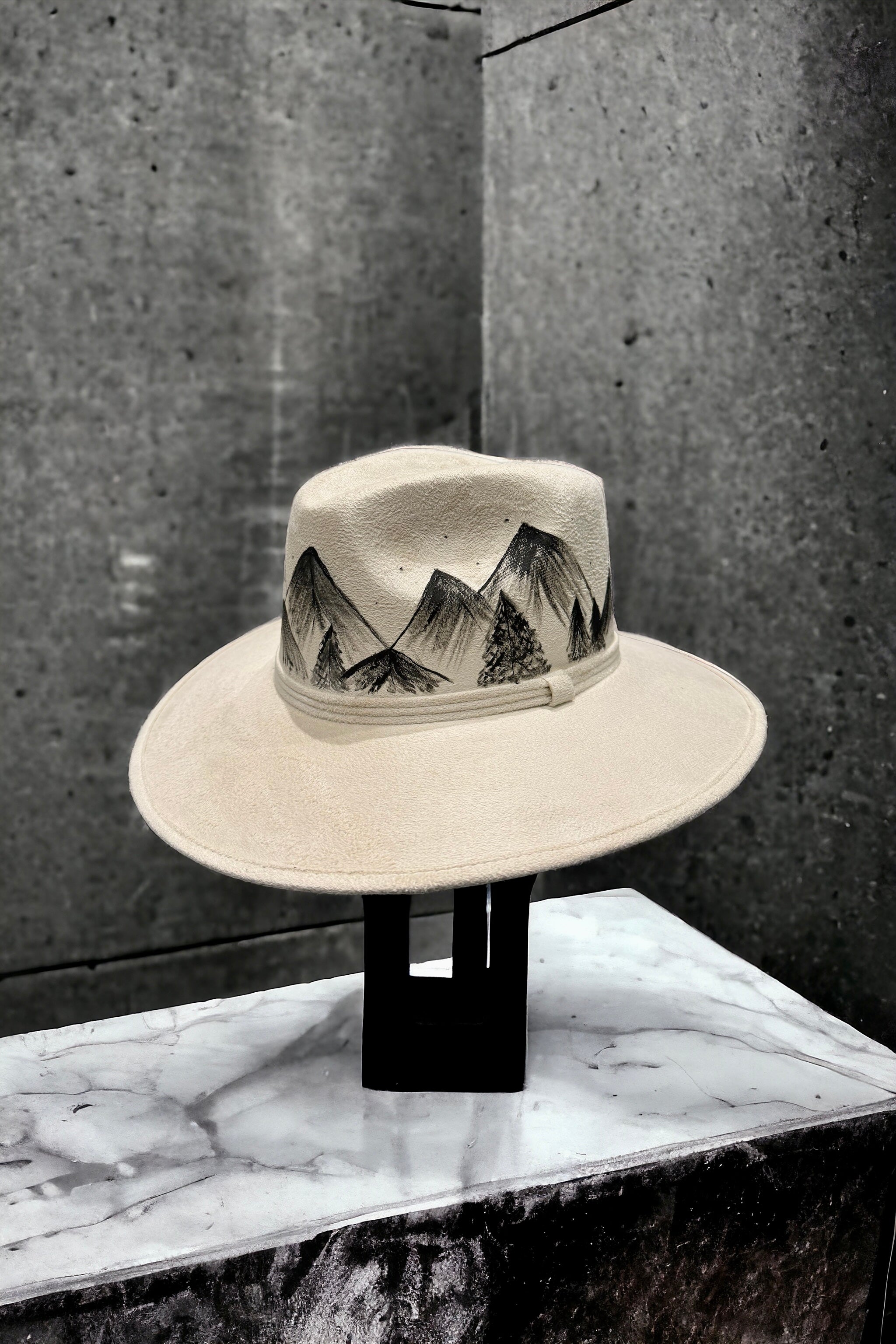 Mountain Sketch Painted Vegan Suede Hat