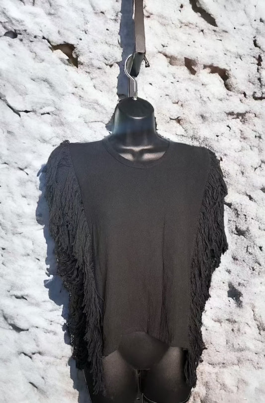 Fringe Sleeve Cotton Top - Black